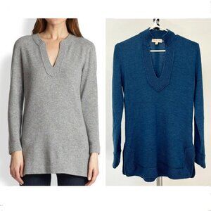 Tory Burch Lizzie‎ 100% Merino Wool Heathered Blue Tunic V-Neck Sweater Sz XS